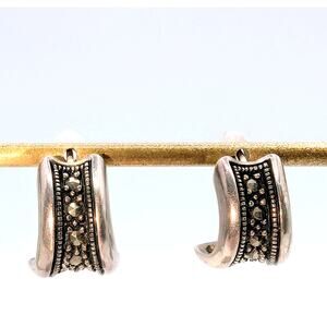 Vintage Chunky Marked A 925 Sterling Silver Marcasite Half Hoop Earrings